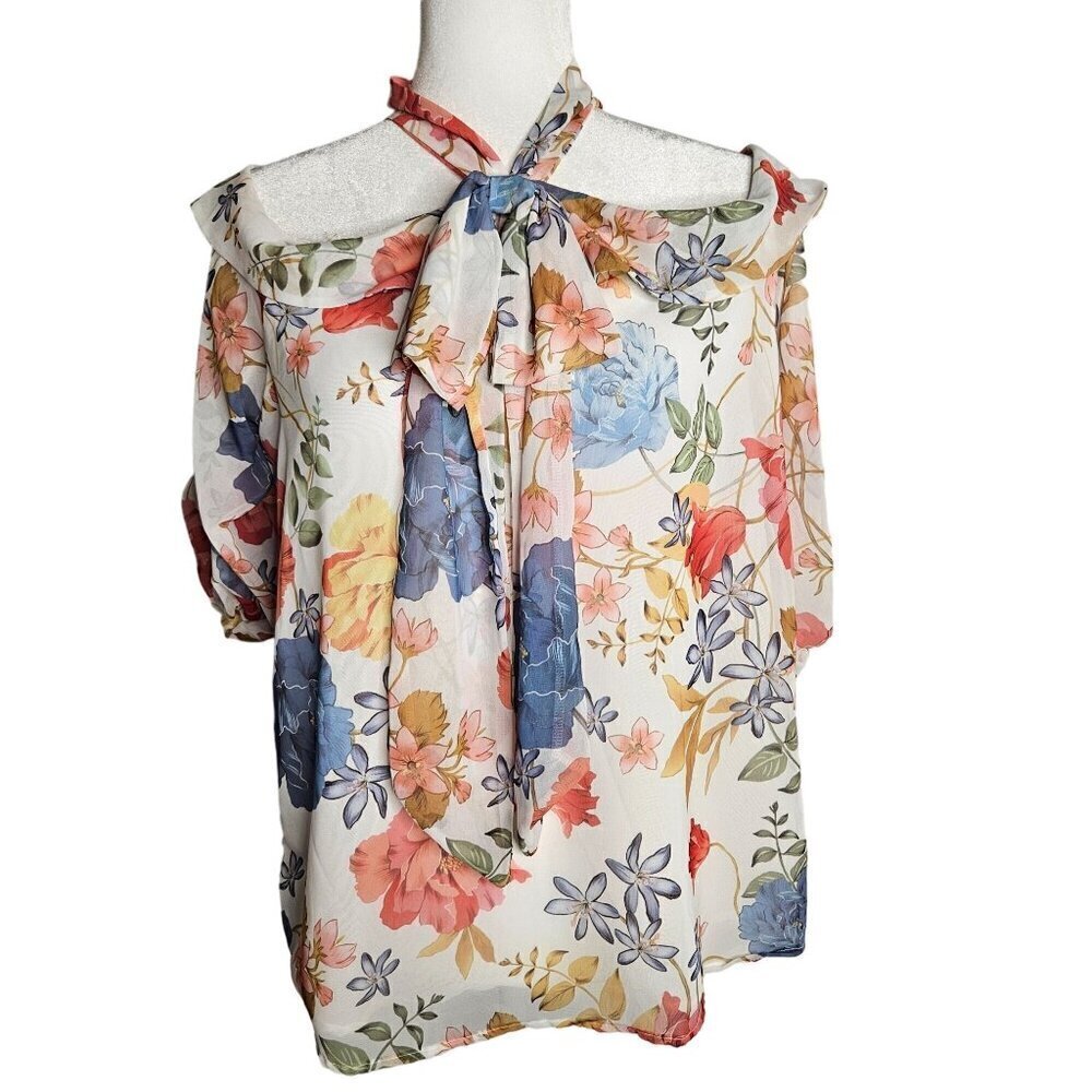 Floral Tie-Neck Cold-Shoulder Blouse - White Multi